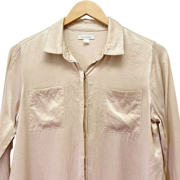 Garnet Hill 100% Silk Blouse Button Front Long Sleeve in Champagne Taupe Size 4 - Picture 7 of 13